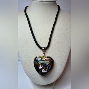 Vintage Cloisonné Heart Locket Necklace with Black Cord